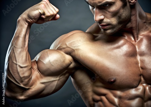 man show biceps and muscles close up