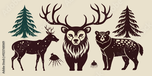 Linocut forest animal set, vector wildlife silhouette nature grunge engraving print collection. Vintage woodcut mammals, grisly bear, deer antlers, fox, rabbit, owl stamp. Boho linocut animal outline
