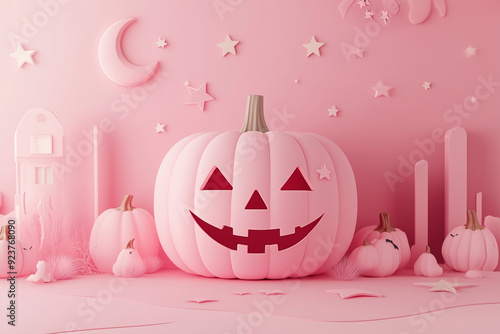 halloween violetpink pumpkin with bats. Halloween background AI Generated	 photo