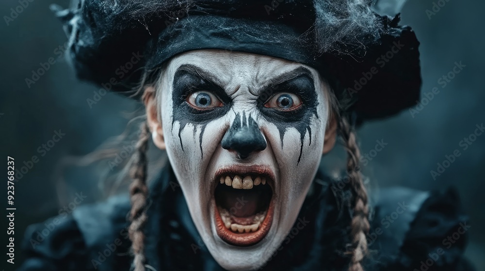 The Fury Within: A chilling portrait of a woman consumed by rage, her face a canvas of macabre makeup, unleashing a primal scream. 