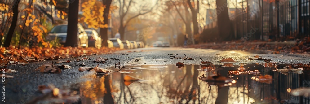 Sunlit sidewalks on late autumn streets viewed from puddle level Sunlit sidewalks on late autumn streets viewed from puddle level