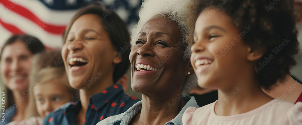 Obraz premium Lifestyle portrait of mature black woman and patriotic family happy and celebrating democracy