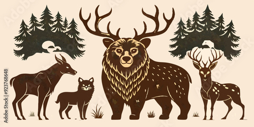 Linocut forest animal set, vector wildlife silhouette nature grunge engraving print collection. Vintage woodcut mammals, grisly bear, deer antlers, fox, rabbit, owl stamp. Boho linocut animal outline