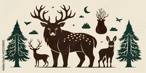 Linocut forest animal set, vector wildlife silhouette nature grunge engraving print collection. Vintage woodcut mammals, grisly bear, deer antlers, fox, rabbit, owl stamp. Boho linocut animal outline