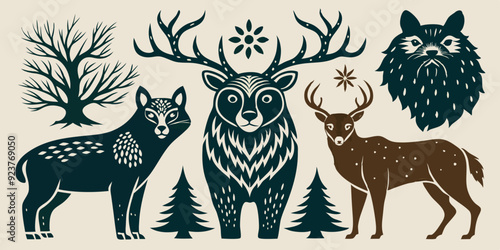 Linocut forest animal set, vector wildlife silhouette nature grunge engraving print collection. Vintage woodcut mammals, grisly bear, deer antlers, fox, rabbit, owl stamp. Boho linocut animal outline