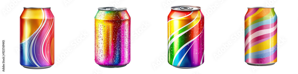 Fototapeta premium A collection of colorful soda cans featuring vibrant designs and hues, ideal for refreshing beverage concepts and creative projects.