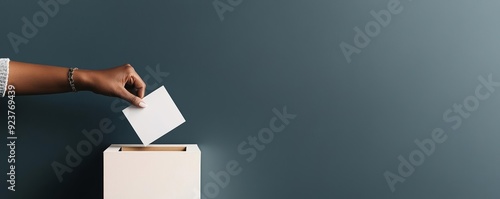 Geometric hand placing a ballot in a box against a dual-tone background, Civic duty, Modern graphic interpretation of the voting process photo