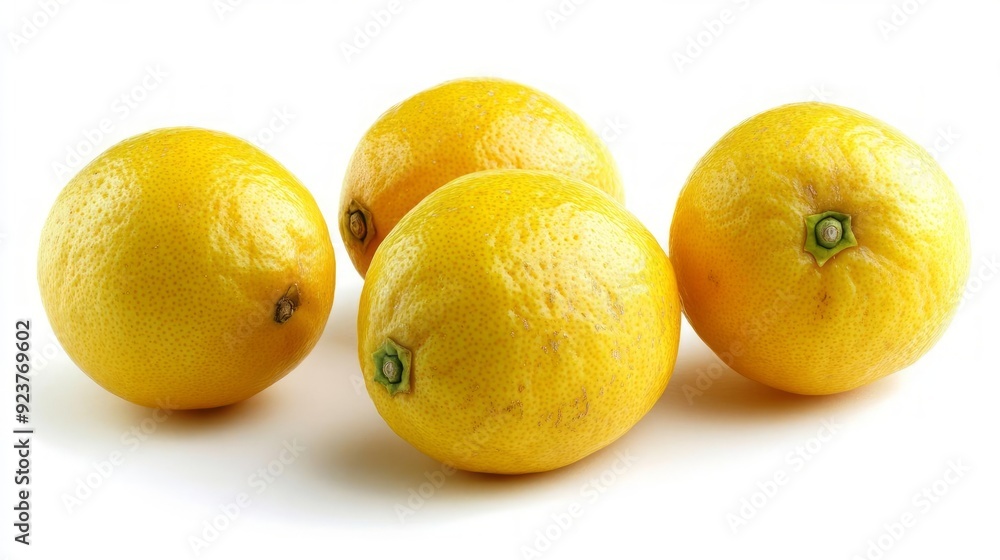 Bright yellow lemons with fine texture, placed on a white background, fresh citrus ingredient Bright yellow lemons with fine texture, placed on a white background, fresh citrus ingredient
