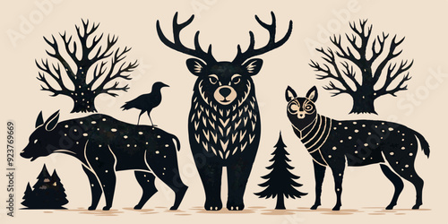 Linocut forest animal set, vector wildlife silhouette nature grunge engraving print collection. Vintage woodcut mammals, grisly bear, deer antlers, fox, rabbit, owl stamp. Boho linocut animal outline