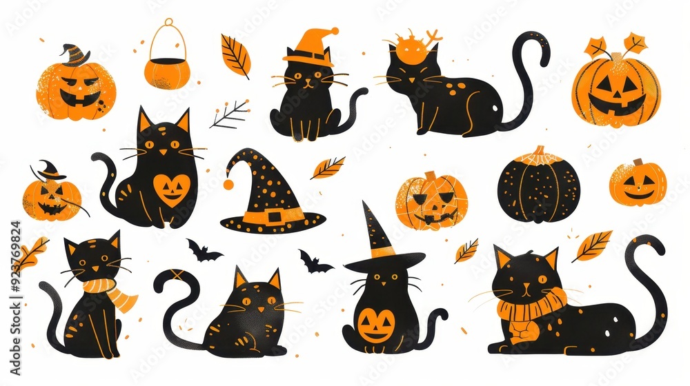 Design Pop Color illustrations of spooky Halloween Cute Cat in various activities ,with bold lines and simple design, placed on a white background Design Pop Color illustrations of spooky Halloween Cute Cat in various activities ,with bold lines and simple design, placed on a white background