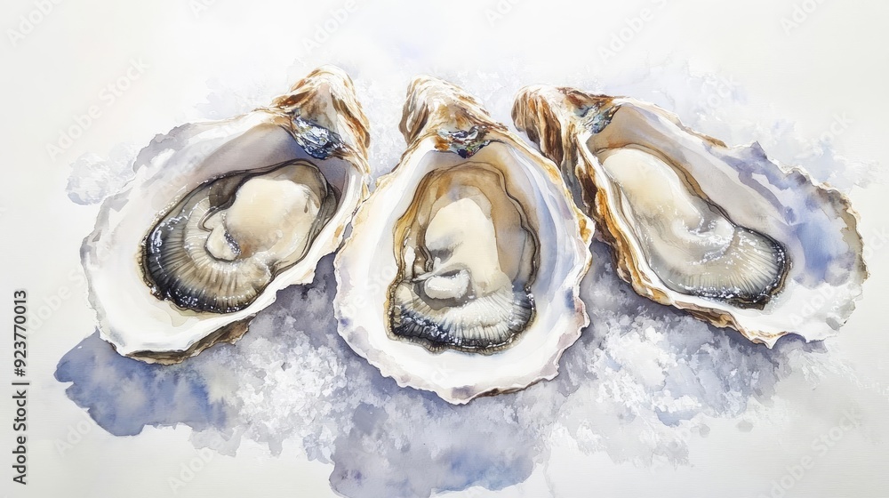 Watercolor painting of fresh European oysters on a bed of ice, intricate shell textures, and soft interiors European seafood Realistic oyster details on a white backdrop Watercolor painting of fresh European oysters on a bed of ice, intricate shell textures, and soft interiors European seafood Realistic oyster details on a white backdrop