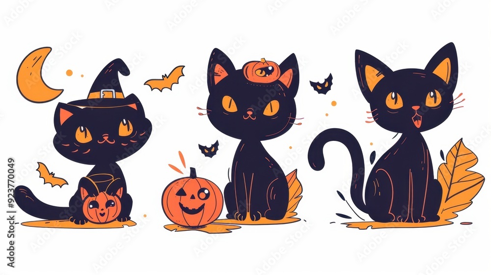 Design Pop Color illustrations of spooky Halloween Cute Cat in various activities ,with bold lines and simple design, placed on a white background Design Pop Color illustrations of spooky Halloween Cute Cat in various activities ,with bold lines and simple design, placed on a white background