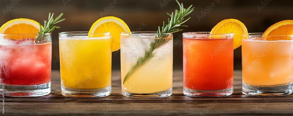 Fototapeta premium Variety of cold mixed drinks with lemon, orange, and rosemary garnishes on a bar table, Refreshing beverages, Atmospheric bar scene showcasing popular cocktails