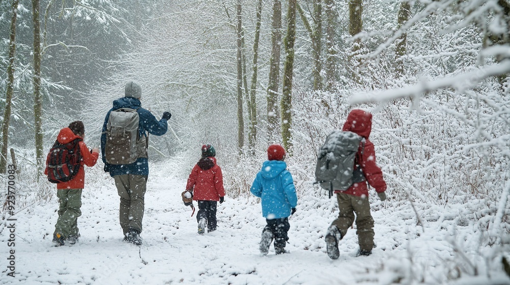 Family enjoys a winter hike through a snow-covered forest path on a chilly afternoon Family enjoys a winter hike through a snow-covered forest path on a chilly afternoon