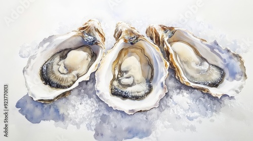 Watercolor painting of fresh European oysters on a bed of ice, intricate shell textures, and soft interiors European seafood Realistic oyster details on a white backdrop