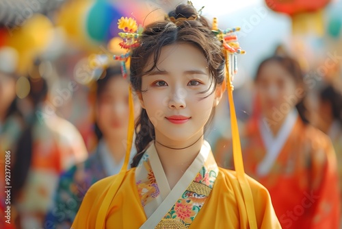 Portrait of a North Korean Woman in Traditional Attire Celebrating a Festival Outdoors. Capturing the Beauty and Pride of North Korean Culture During a Joyous Occasion. A Reflection of Ethnic Heritage