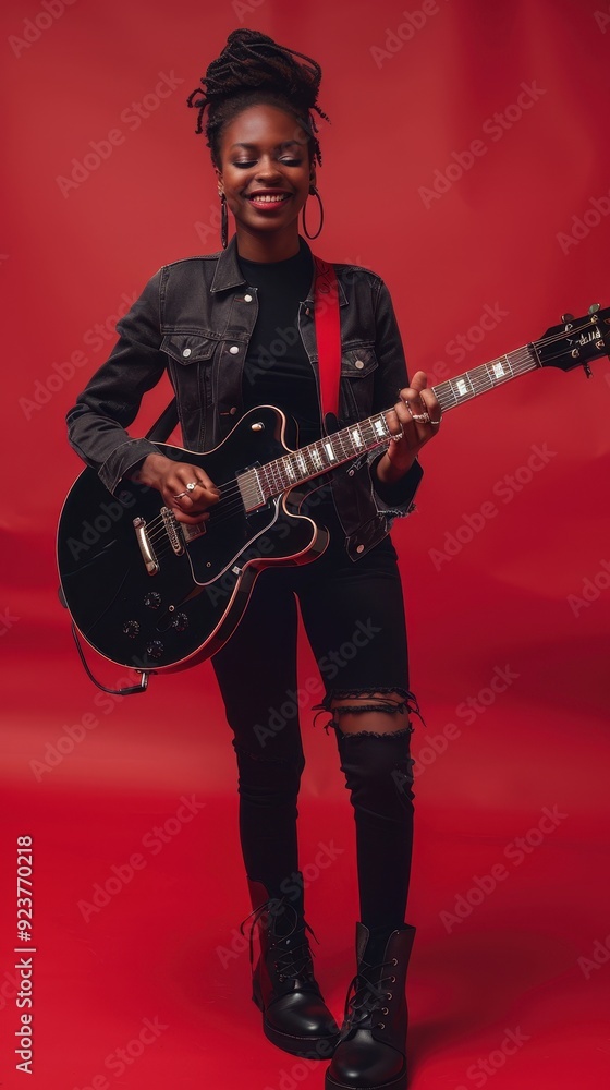 Fototapeta premium A woman joyfully strums a guitar, showcasing her musical talent in a vibrant setting
