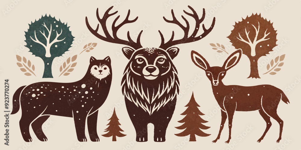 Linocut forest animal set, vector wildlife silhouette nature grunge engraving print collection. Vintage woodcut mammals, grisly bear, deer antlers, fox, rabbit, owl stamp. Boho linocut animal outline Linocut forest animal set, vector wildlife silhouette nature grunge engraving print collection. Vintage woodcut mammals, grisly bear, deer antlers, fox, rabbit, owl stamp. Boho linocut animal outline