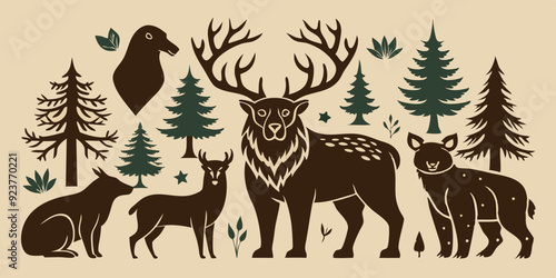 Linocut forest animal set, vector wildlife silhouette nature grunge engraving print collection. Vintage woodcut mammals, grisly bear, deer antlers, fox, rabbit, owl stamp. Boho linocut animal outline
