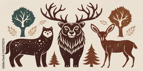 Linocut forest animal set, vector wildlife silhouette nature grunge engraving print collection. Vintage woodcut mammals, grisly bear, deer antlers, fox, rabbit, owl stamp. Boho linocut animal outline