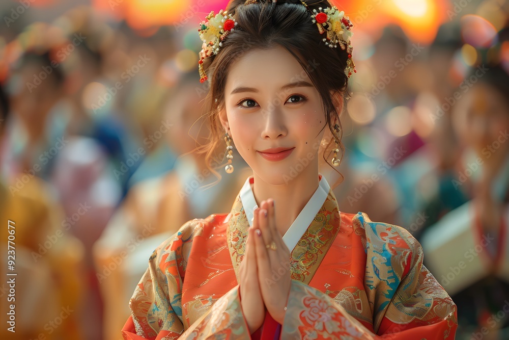 Portrait of a North Korean Woman in Traditional Attire Celebrating a Festival Outdoors. Capturing the Beauty and Pride of North Korean Culture During a Joyous Occasion. A Reflection of Ethnic Heritage Portrait of a North Korean Woman in Traditional Attire Celebrating a Festival Outdoors. Capturing the Beauty and Pride of North Korean Culture During a Joyous Occasion. A Reflection of Ethnic Heritage