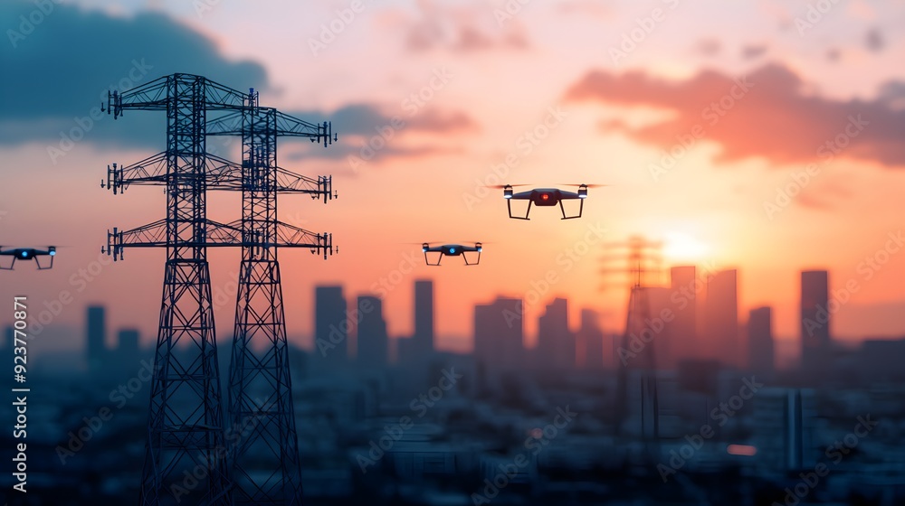 Naklejka premium A high-tech urban landscape with self-sustaining power grids and autonomous drones patrolling the skies