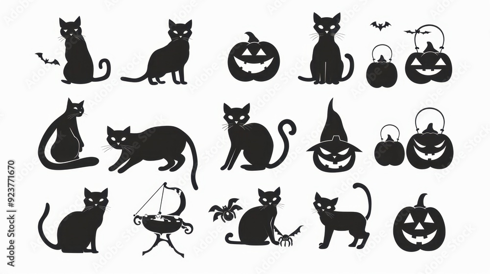 Fototapeta premium Design black silhouette illustrations of spooky Halloween Cute Cat in various activities ,with bold lines and simple design, placed on a white background 