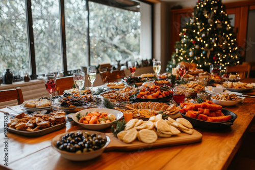 A warm winter gathering featuring a delicious array of food and drinks beside a decorated Christmas tree and snow-covered landscape outside.