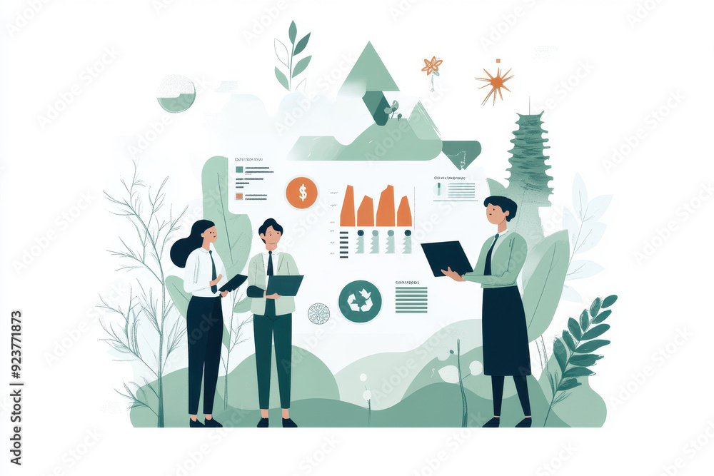 Naklejka premium Diverse Business Team Analyzing Carbon Footprint Data for Corporate Sustainability - Hand-Drawn Vector Illustration
