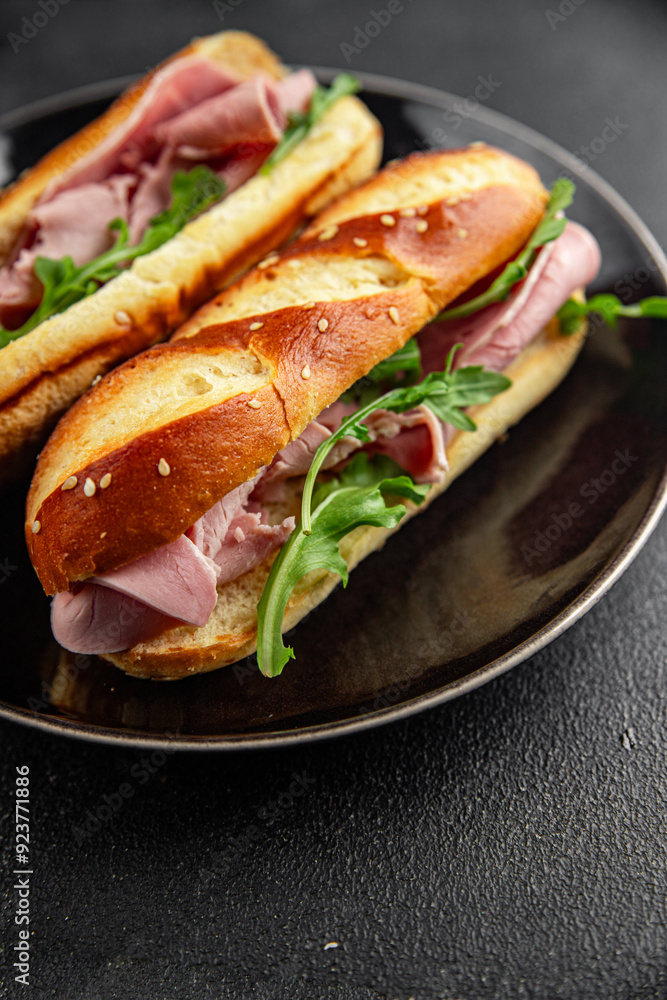 sandwich ham meat spam fresh food snack on the table copy space food background rustic top view