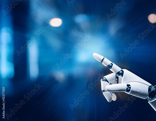 Robotic Fingertip in the corner of a tech blurred background, space for text concept 