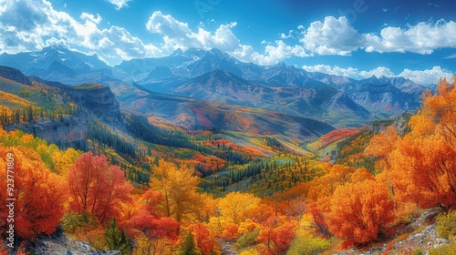 A majestic mountain range in autumn, with colorful foliage, clear blue skies, and a peaceful valley below, showcasing the beauty of nature in the fall season