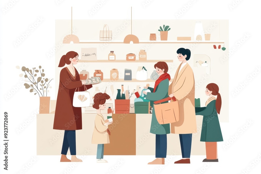 Diverse Group of People Shopping at Eco-Friendly Zero-Waste Store in Hand-Drawn Vector Style - Environmental, Social Responsibility, Sustainable Consumption Diverse Group of People Shopping at Eco-Friendly Zero-Waste Store in Hand-Drawn Vector Style - Environmental, Social Responsibility, Sustainable Consumption