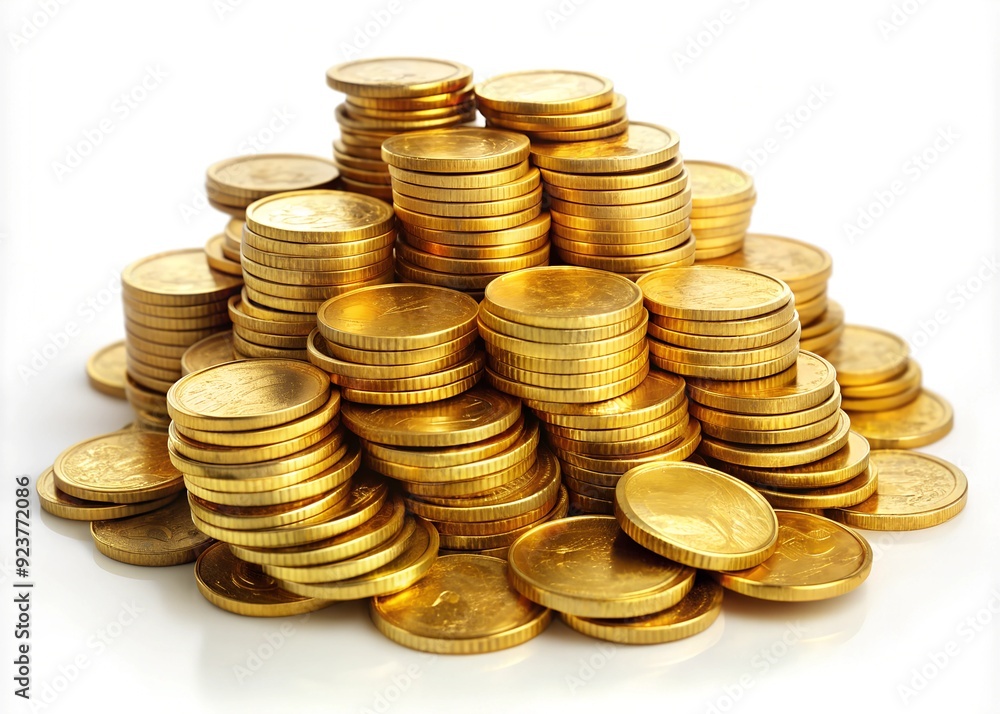A pile of gold coins on a white background A pile of gold coins on a white background