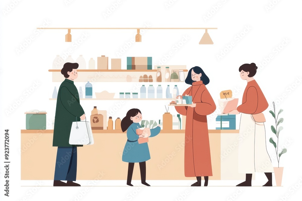 Diverse Group of People Shopping at a Hand-Drawn Zero-Waste Store | Eco-Friendly Lifestyle Vector Illustration Diverse Group of People Shopping at a Hand-Drawn Zero-Waste Store | Eco-Friendly Lifestyle Vector Illustration