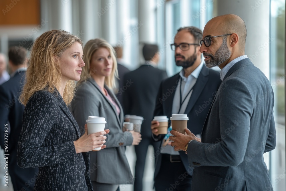 A group of business professionals engages in conversation while enjoying coffee in a bustling conference hall filled with attendees A group of business professionals engages in conversation while enjoying coffee in a bustling conference hall filled with attendees