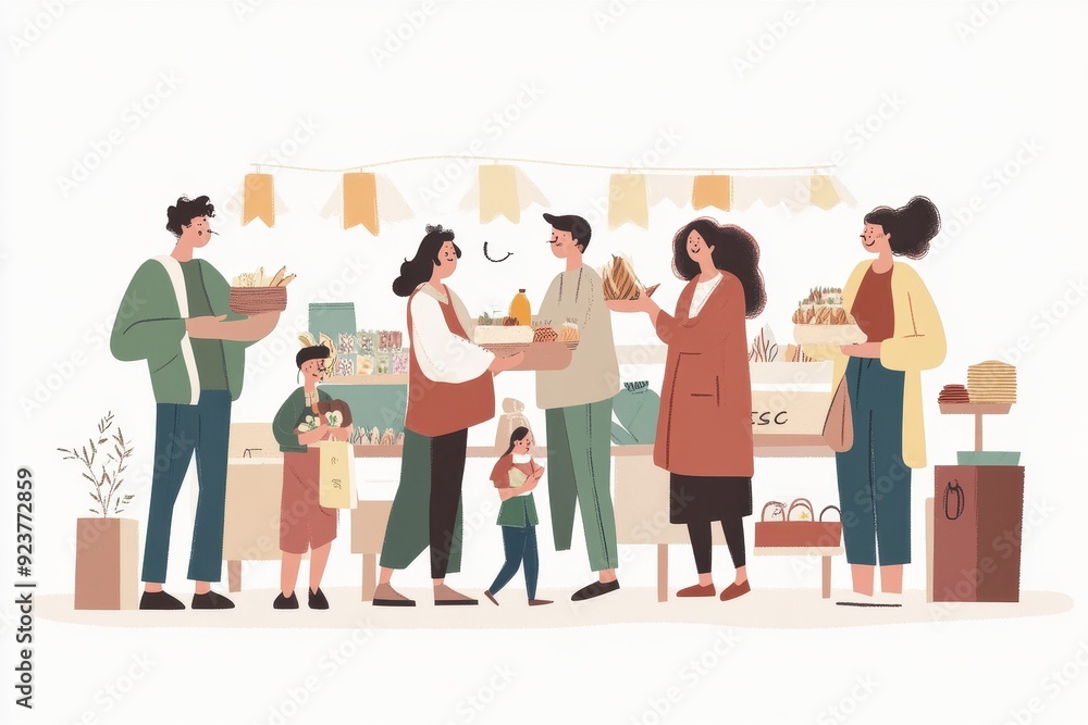 Obraz premium Ethical Consumption at Fair Trade Market - Hand-Drawn Vector Illustration of People Engaged in Sustainable Shopping Practices