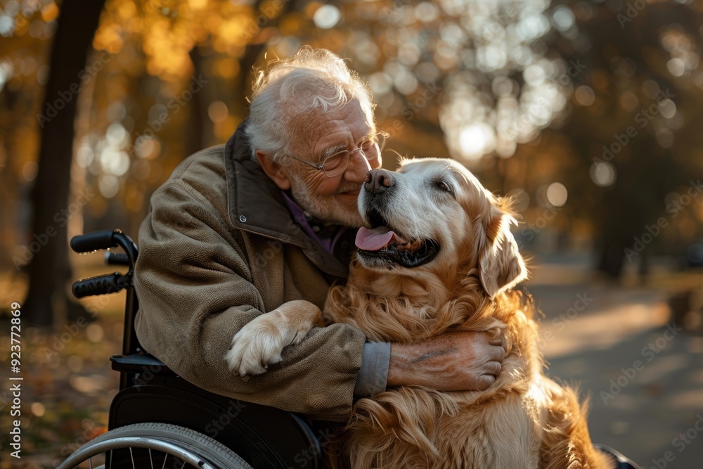 An elderly man in a wheelchair is with her dog in the tranquil autumn nature. This scene emphasizes the bond they share while taking in the beauty of the changing seasons.
An elderly man in a wheelchair is with her dog in the tranquil autumn nature. This scene emphasizes the bond they share while taking in the beauty of the changing seasons.