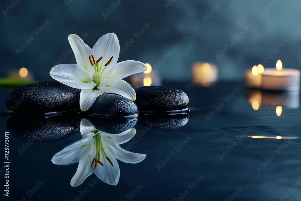 A tranquil setting showcases a white lily resting on smooth black stones, surrounded by softly glowing candles, creating a calming atmosphere A tranquil setting showcases a white lily resting on smooth black stones, surrounded by softly glowing candles, creating a calming atmosphere