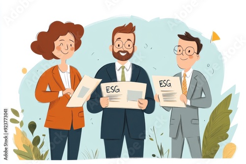 Ethical Leadership in Action: Hand-Drawn Vector of Corporate Leaders Reviewing ESG Reports