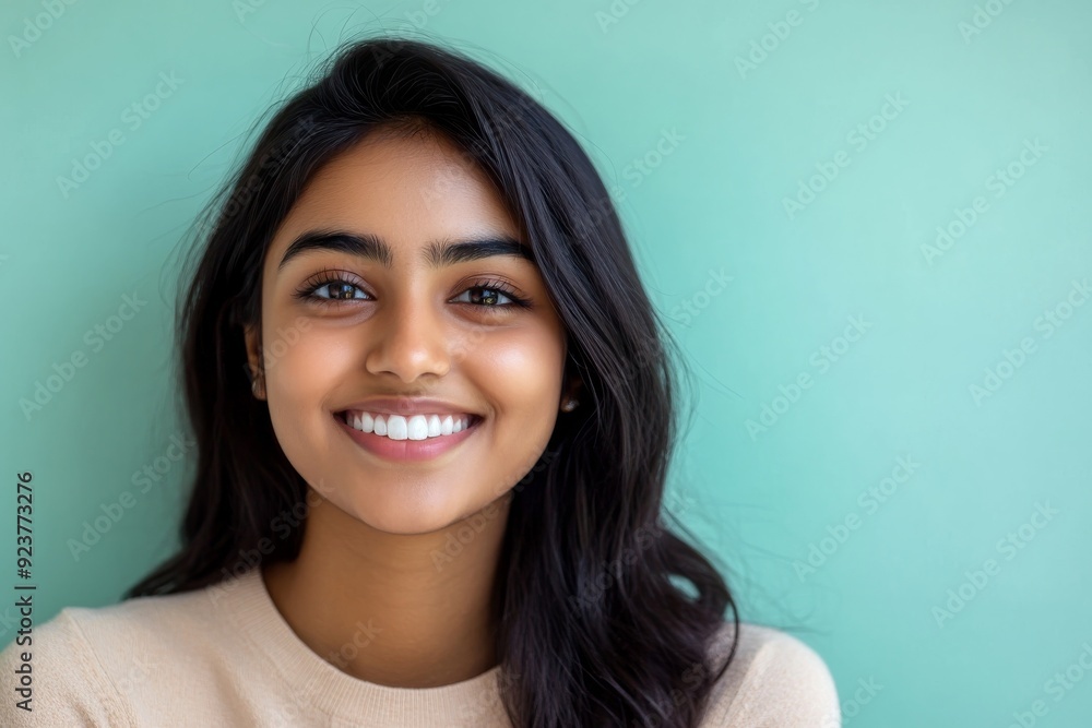 A South Asian student exudes confidence and joy, smiling beautifully against a calming pastel background, showcasing a moment of warmth and positivity A South Asian student exudes confidence and joy, smiling beautifully against a calming pastel background, showcasing a moment of warmth and positivity