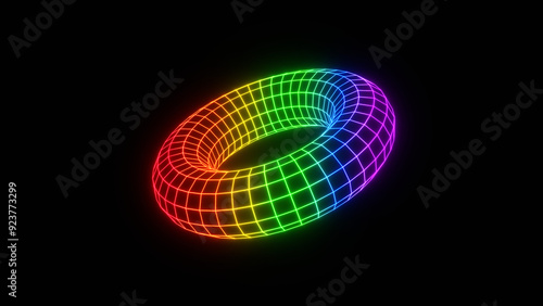 Fototapeta Naklejka Na Ścianę i Meble -  3d render of a futuristic wireframe grid cyber y2k torus shape glowing neon rainbow on black background isolated. LGBT Pride party disco element abstract retro poster. illustration VJ VR