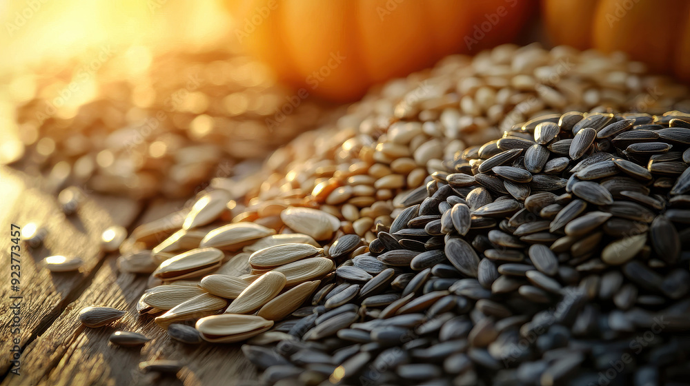 Obraz premium Various seeds, including sunflower and pumpkin seeds, scattered generously over a rustic wooden table, beautifully illuminated by gentle, warm sunlight, creating an inviting autumnal scene.