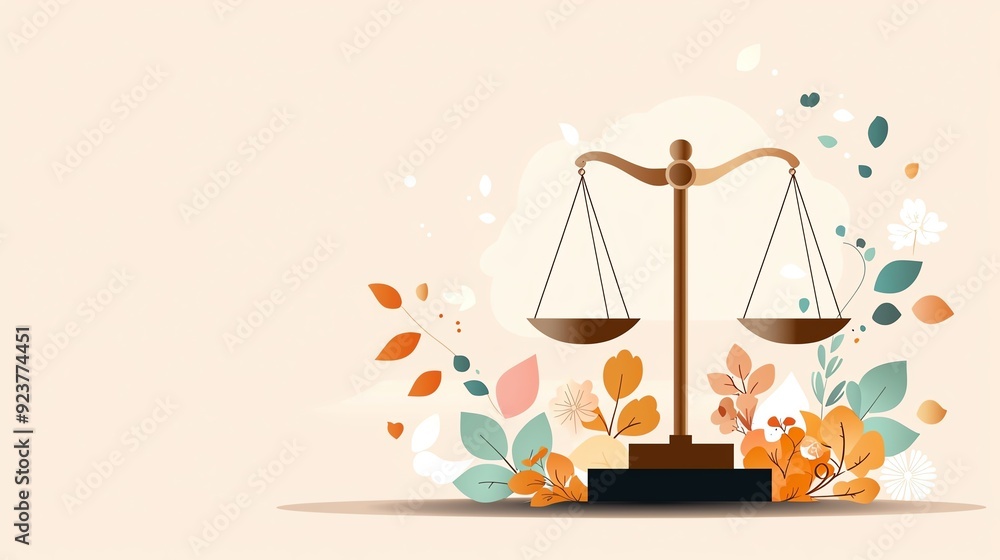 Elegant illustration of a balanced scale surrounded by autumn leaves, symbolizing justice and harmony in a serene setting. Elegant illustration of a balanced scale surrounded by autumn leaves, symbolizing justice and harmony in a serene setting.