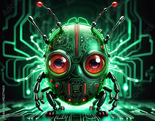 Front view, cute chibi green glowing computer or  circuit board bug with red eyes, inside the internet of things, green glowing board traces, pcb circuit, inside a computer that could be malicious photo