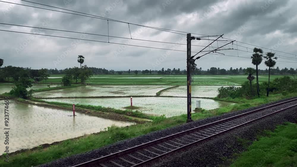 Beautiful video of passenger side window pov in an Indian train passing through the lush green paddy fields, flood plains, mountains and jungles during peak Monsoon season in India Beautiful video of passenger side window pov in an Indian train passing through the lush green paddy fields, flood plains, mountains and jungles during peak Monsoon season in India
