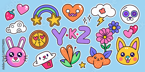 Bubble y2k sticker set, vector groovy playful shape kit, funky cute tattoo print, heart, bunny. Minimal funny balloon comic object, cartoon flowers, clouds, words, dog. Bubble sticker collection