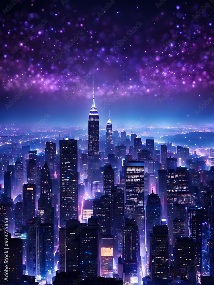 Obraz premium City skyline at night with illuminated skyscrapers. Futuristic urban vertical landscape with purple and blue lights. Design for poster or wallpaper