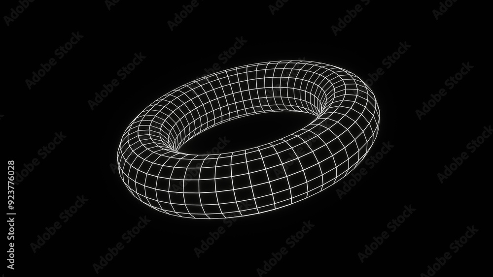 Fototapeta premium 3d render of a futuristic wireframe grid cyber y2k torus shape glowing neon white on black background isolated illustration. Outline element abstract retro poster.