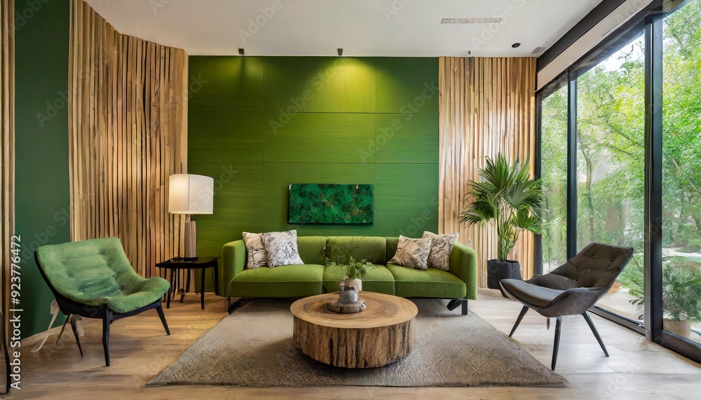 Fototapeta premium Green Accent Walls - hyper-minimalist living room with an eco-friendly focus, featuring eco materials. Graphic art illustration scene